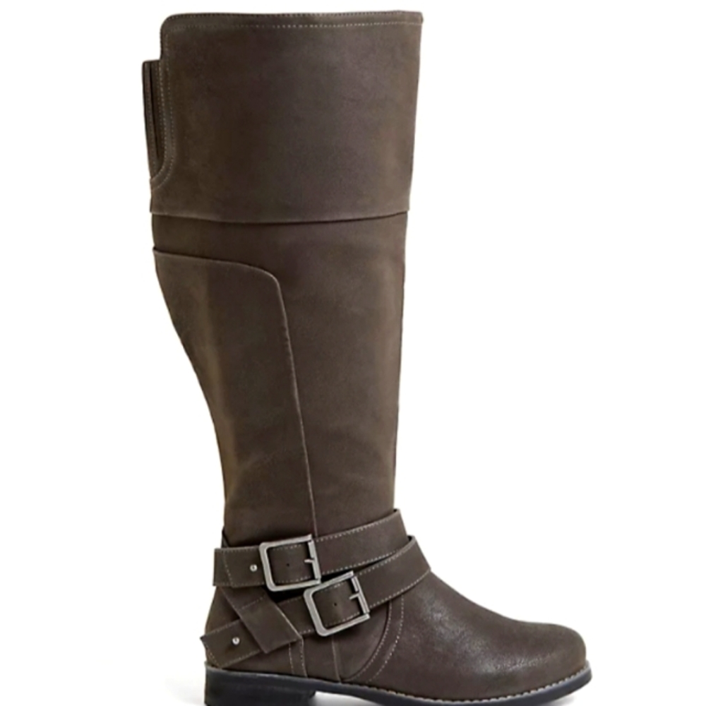 Torrid grey oiled faux leather knee high boot Sz 8W EXTRA wide calf. Like new!